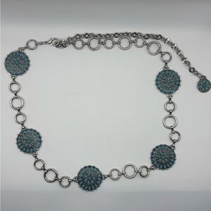 Southwest Style Faux Turquoise Concho Link Belt Silver Tone Chain Adjustable